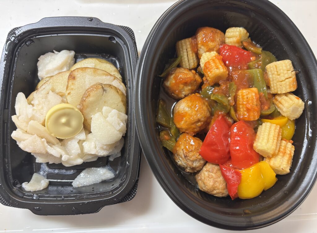 彩り野菜と肉団子のトマト甘酢あん・サクッと長芋とポテトののり塩バター