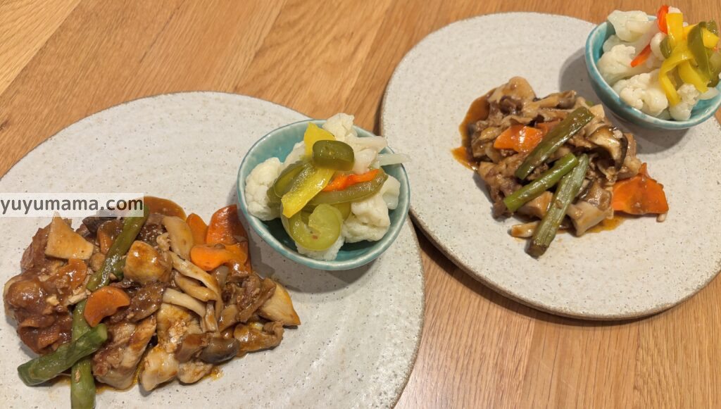 豚肉ときのこのデミグラスソース・パプリカとカリフラワーのマリネ(冷菜)